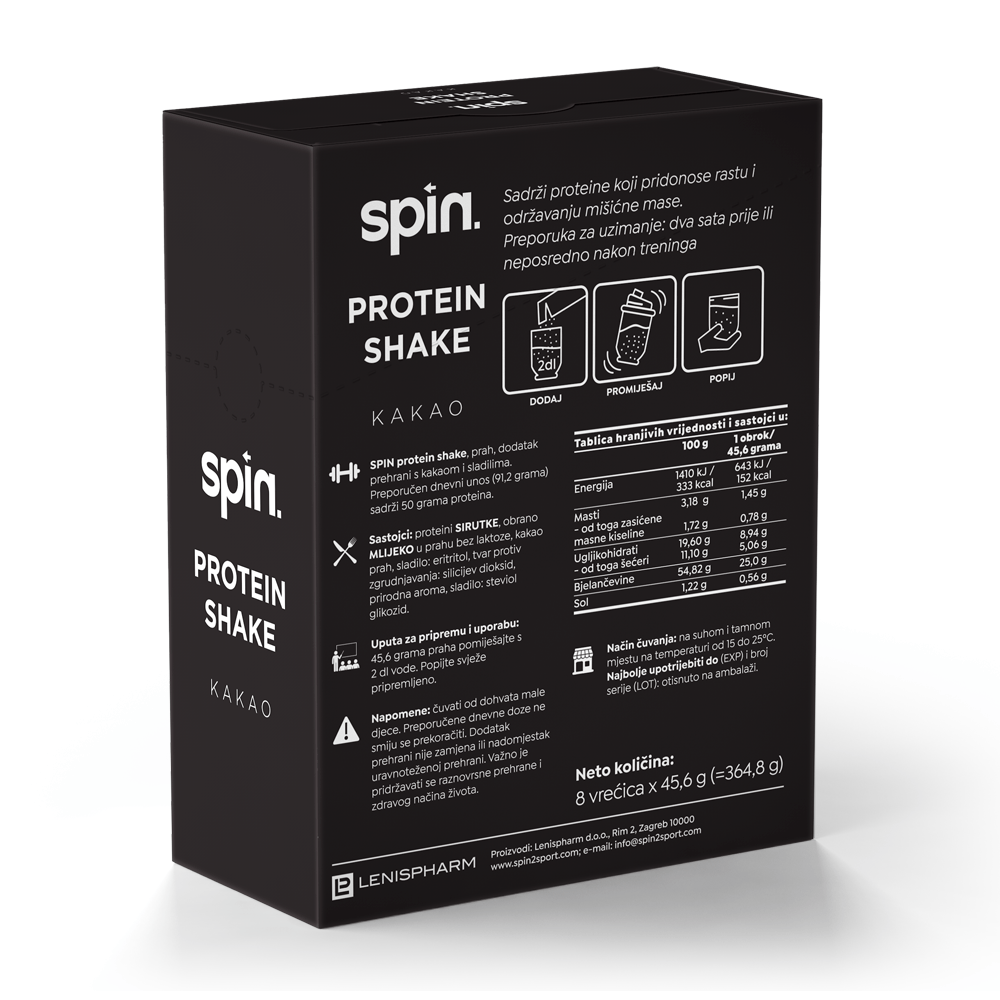 SPIN protein shake – Kakao, 8 vrećica x 46 g, ukupno 368 g
