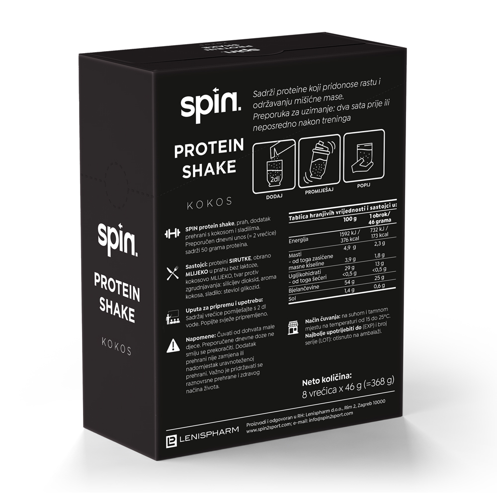 SPIN protein shake – Kokos, 8 vrećica x 46 g, ukupno 368 g - Slika 3