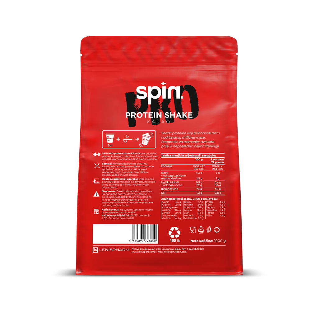 SPIN PRO protein shake – kakao, 1 kg - Slika 3